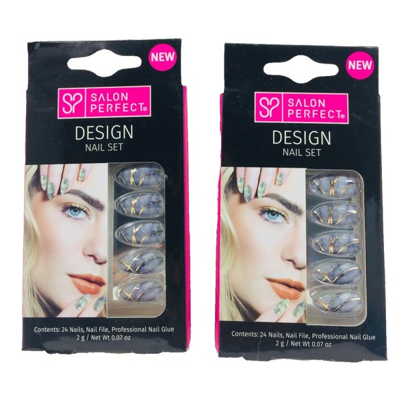 Perfect Other - Salon Perfect Design Nail Set Of 2 Grey Marble Gold Press On W/Glue Manicure
